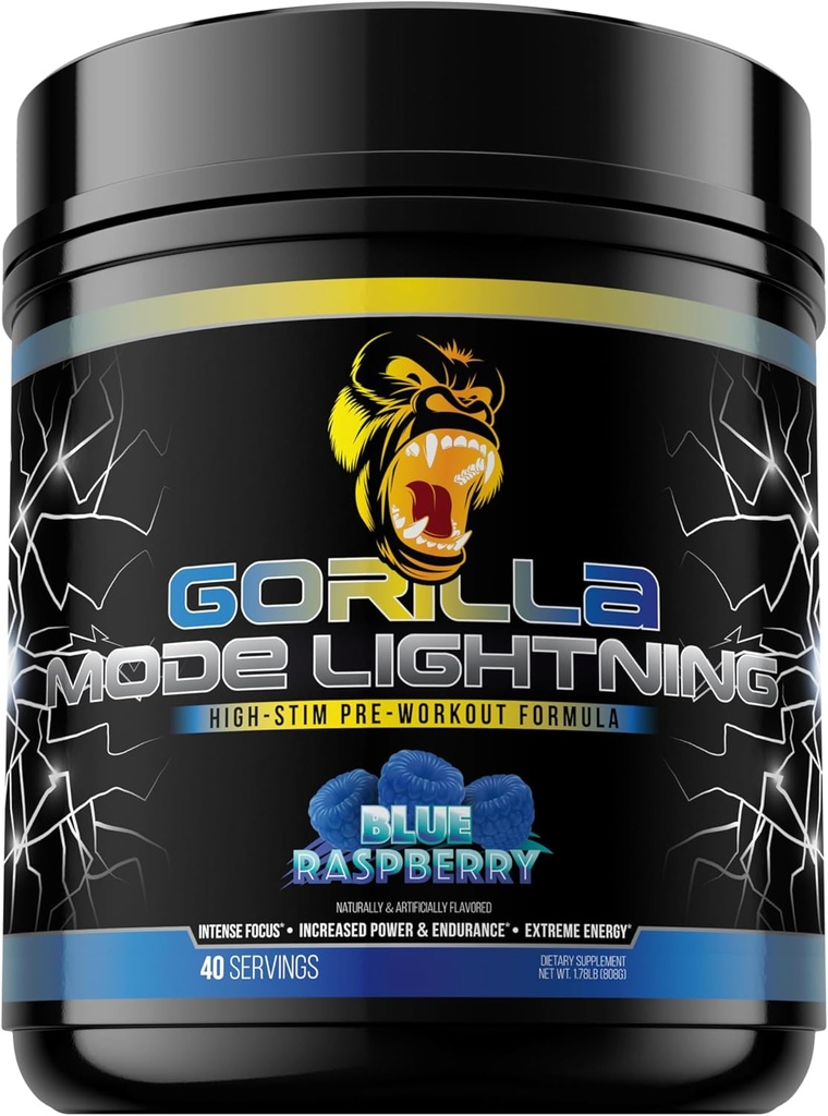 Préentraînement à la foudre en mode Gorilla - Énergie extrême · Focus laser · Pompes puissantes · Performance maximale - 550mg Caféine, 13500mg L-Tyrosine, Alpha-GPC– 808g (Blue Raspberry)