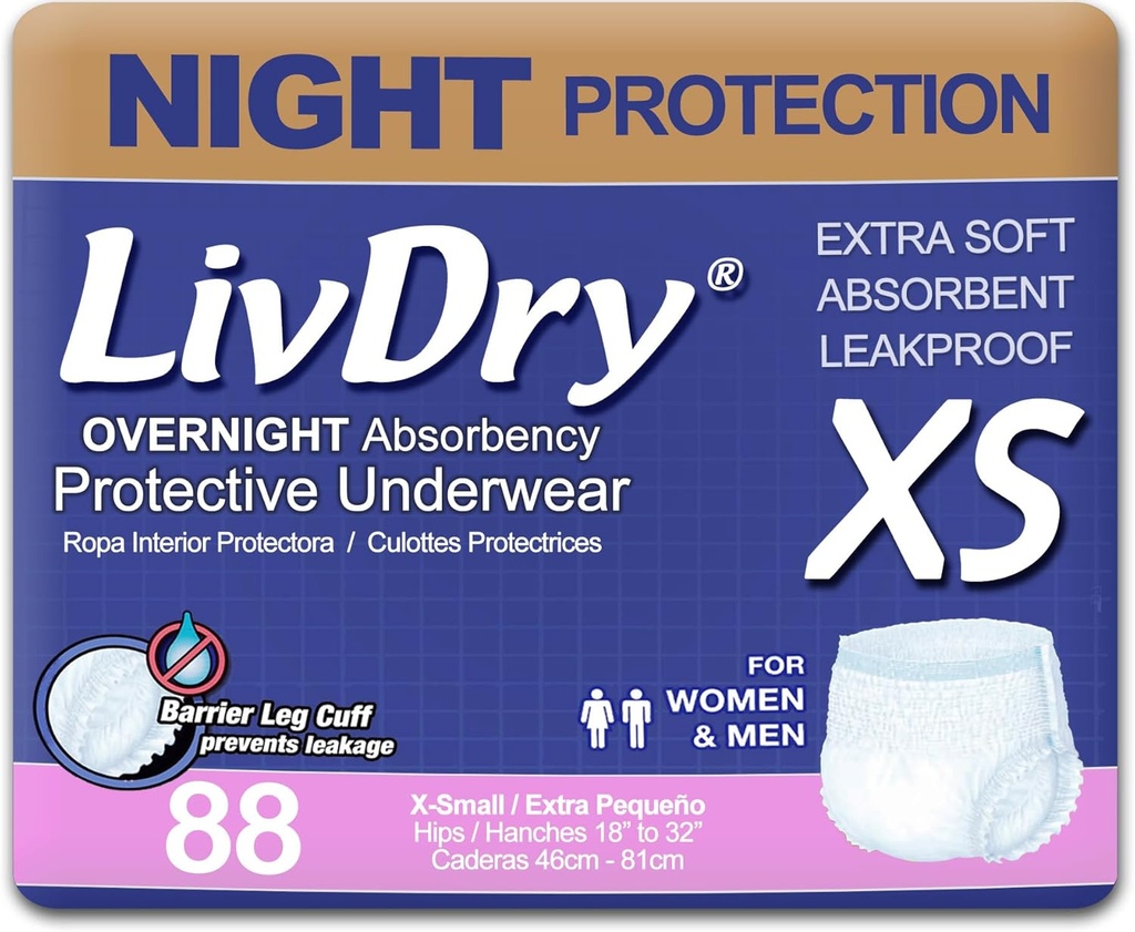 LivDry Adulte XS Incontinence Sous-vêtements, Absorbance de confort de nuit, Protection contre les fuites, X-Small, 88-Pack