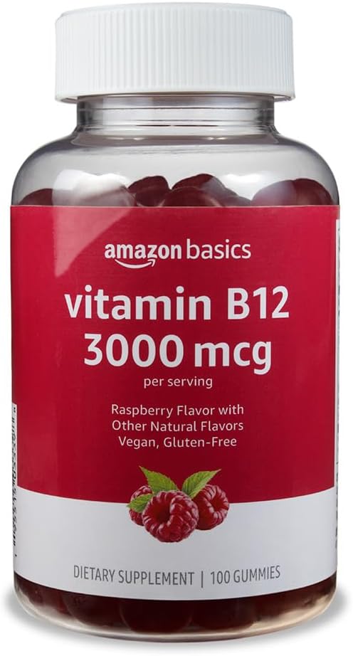 Bases Vitamine B12 3000 mcg Gommies, Production d'énergie normale et métabolisme, Support du système immunitaire, Framboise, 100 Compte (2 par portion) (précédemment Solimo)