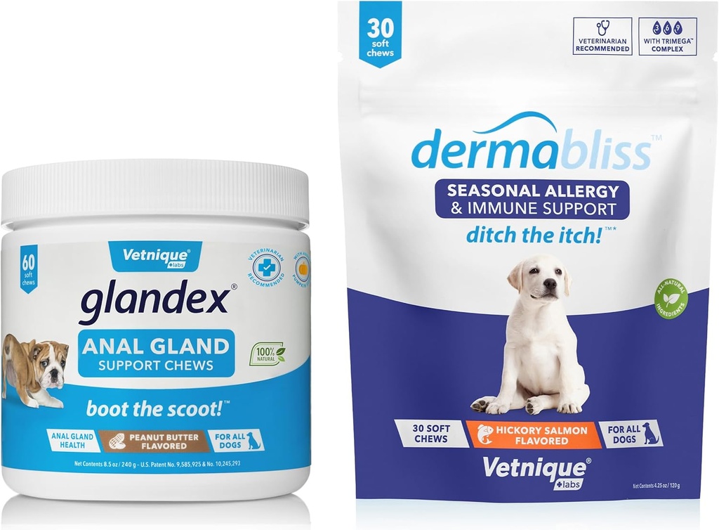 Vetnique Labs Dermabliss Allergy Chews 30 Ct et Glandex Anal Gland Support Chews 60 Ct Bundle Vitamines et suppléments de chien, Anal Gland Dog Treats avec probiotiques, Dog Allergies Traitement de la peau Chew doux