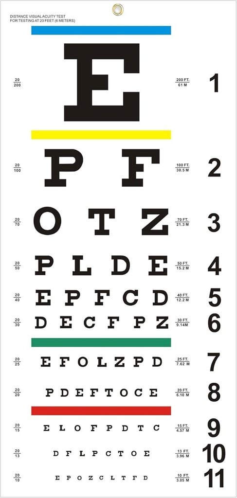 Eye Chart, upgraded Snellen Eye Chart for Eye Exams 20 Feet, 22x11 Inches en plastique Basse Vision Eye Chart Wall Chart avec oeillet en métal pour enfants Cadeaux Décoration murale (20 Feet Test Distance)