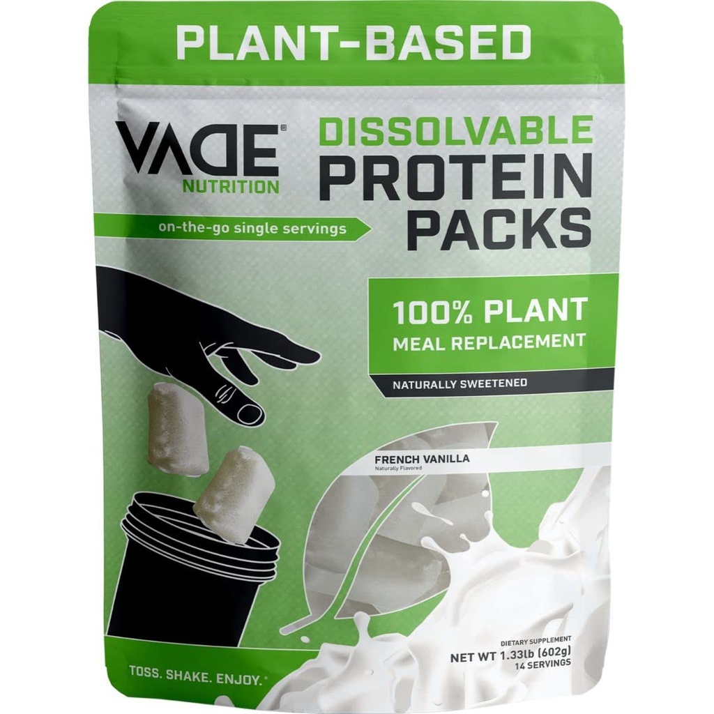 Vade Nutrition Dissolvable Plant-Based Meal Replacement Packs | Vanilla | On-The-Go, 100% Vegan, 26 Vitamins & Minerals, 10 Superfoods, Lactose Free, Gluten Free, No Sugar Added, Lean, 14 Servings