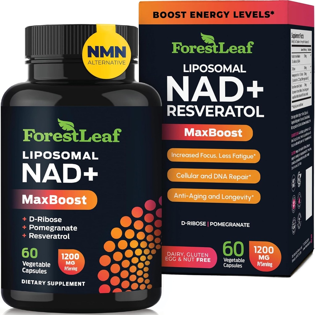 Supplément NAD+ - 500mg de NAD Plus pur pour l'énergie, la focale, la peau et l'anti-âge - Suppléments NAD non-OGM sans gluten pour les femmes et les hommes (60 Nombre (paquet de 1), NAD+ Resveratrol)