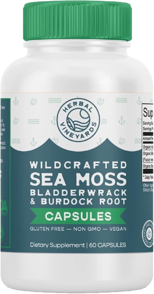 Herbal Vignobles Organic Wildcrafted Légume 60 Capsules de 1500MG d'Irish Sea Moss, Bladderwrack et Burdock Root, Immune Support, Healthy Skin & Energy