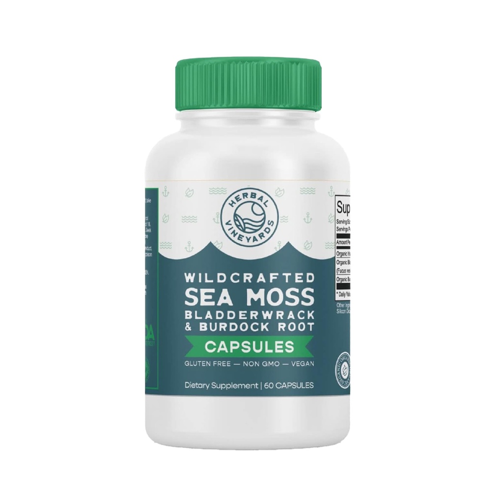 Herbal Vignobles Organic Wildcrafted Légume 60 Capsules de 1500MG d'Irish Sea Moss, Bladderwrack et Burdock Root, Immune Support, Healthy Skin & Energy