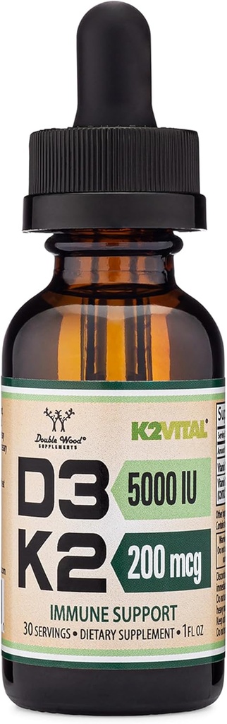 Vitamin D3 K2 5,000 IU Liquid Drops (5,000 IU of D3 and 200mcg of 99.9% All-Trans Patented K2 MK-7 (K2Vital)) Max Absorption Liquid Vitamin D Drops (30 Servings) by Double Wood
