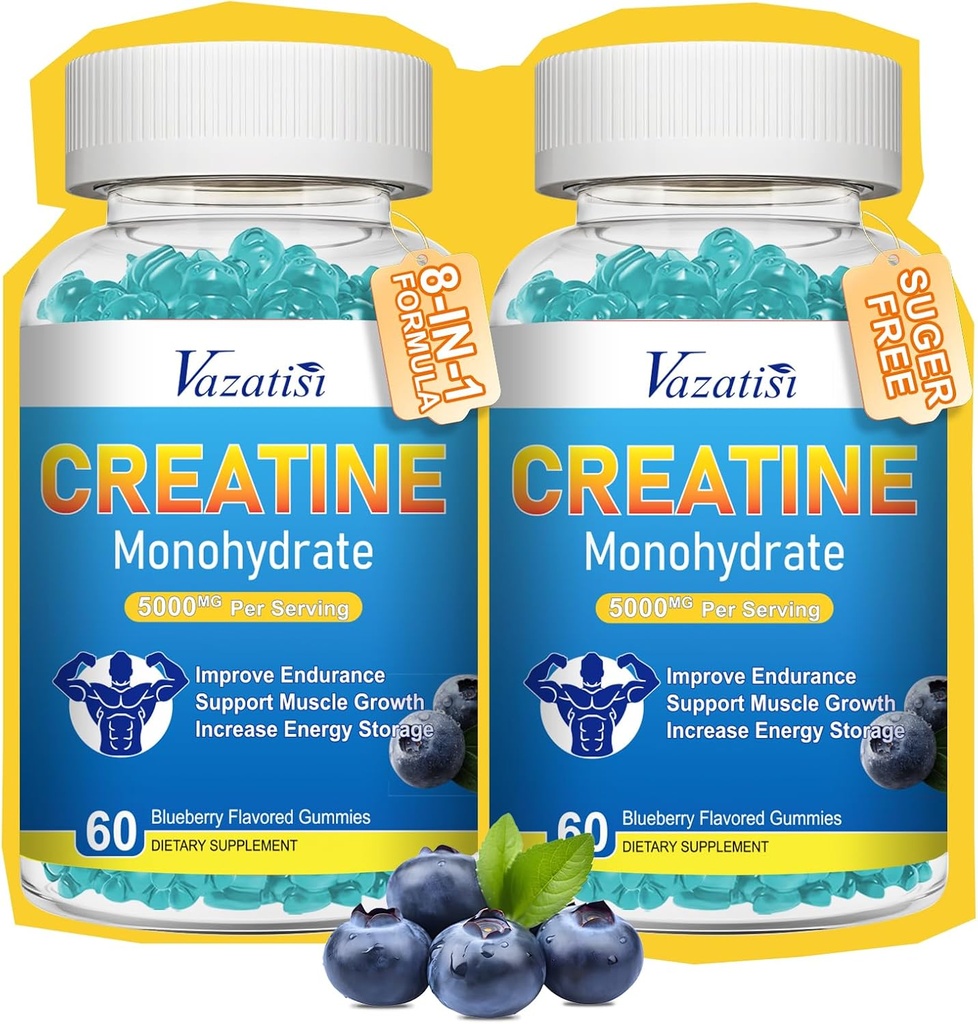 2 Pack de crème monohydratée Gommies pour les femmes et les hommes, supplément végétalien sans sucre pour construire des muscles, augmenter l'énergie et la force, Blueberry Flavor, 120 comte