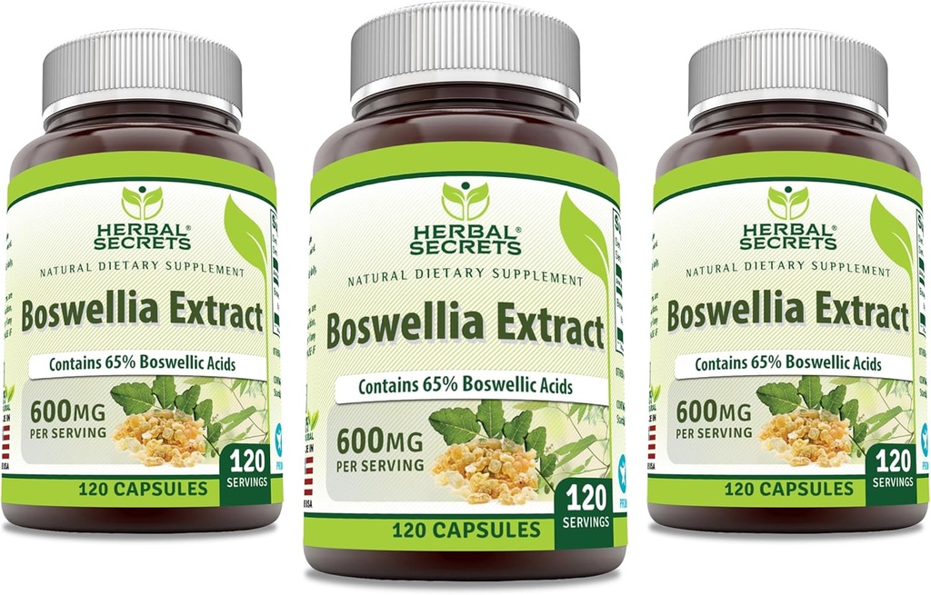 Secrets à base de plantes Boswellia Serrata Extract (65% d'acides boswelliques) 600 mg Capsules Supplement (sans OGM) Sans gluten (120) 3 Pack