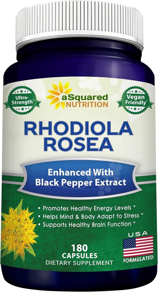 aSquared Nutrition Rhodiola Rosea Max Strength with Black Pepper Supplement - 180 Capsules - Pilules de Poudre d'Absorption Max - Herbe de racine dorée pour soulager le stress, l'humeur, la pur focus et l'énergie - 500mg par capuchon