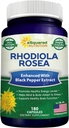 aSquared Nutrition Rhodiola Rosea Max Strength with Black Pepper Supplement - 180 Capsules - Pilules de Poudre d'Absorption Max - Herbe de racine dorée pour soulager le stress, l'humeur, la pur focus et l'énergie - 500mg par capuchon
