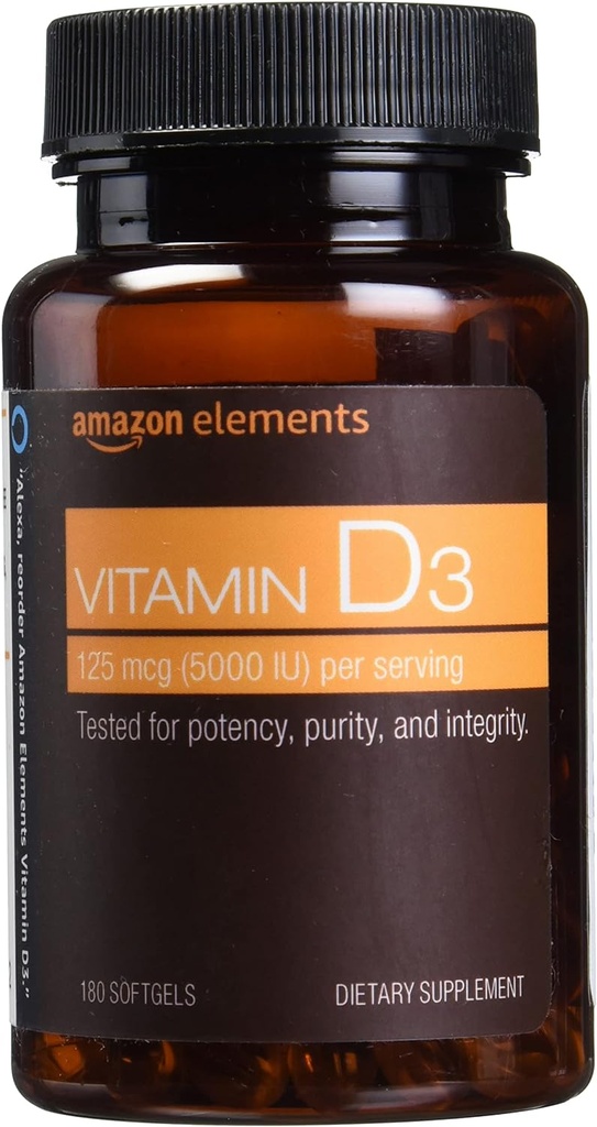 Éléments amazoniens Vitamine D3, 5000 UI, 180 Softgels, 6 mois d'approvisionnement