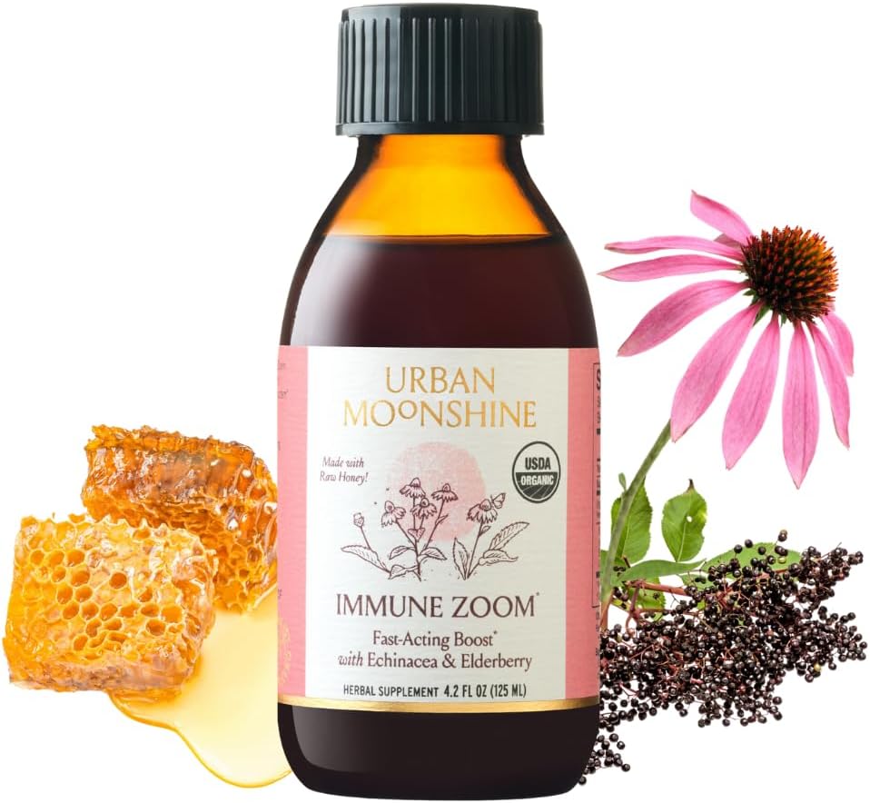 Urban Moonshine Immune Zoom - Boost d'immunité à action rapide - Sirop de sureau biologique - Echinacea - Miel brut - Certifié biologique - Naturel - 4,2 Fl Oz