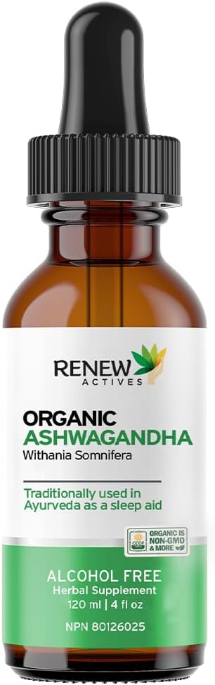 Renew Actives Organic Ashwagandha Liquid 220MG per 2 ml– Fast-Absorbing Formula for Cognitive Function, Memory, Energy, Stress, Sleep & Immune Health & Mental Clarity – Made in Canada - 120 ml