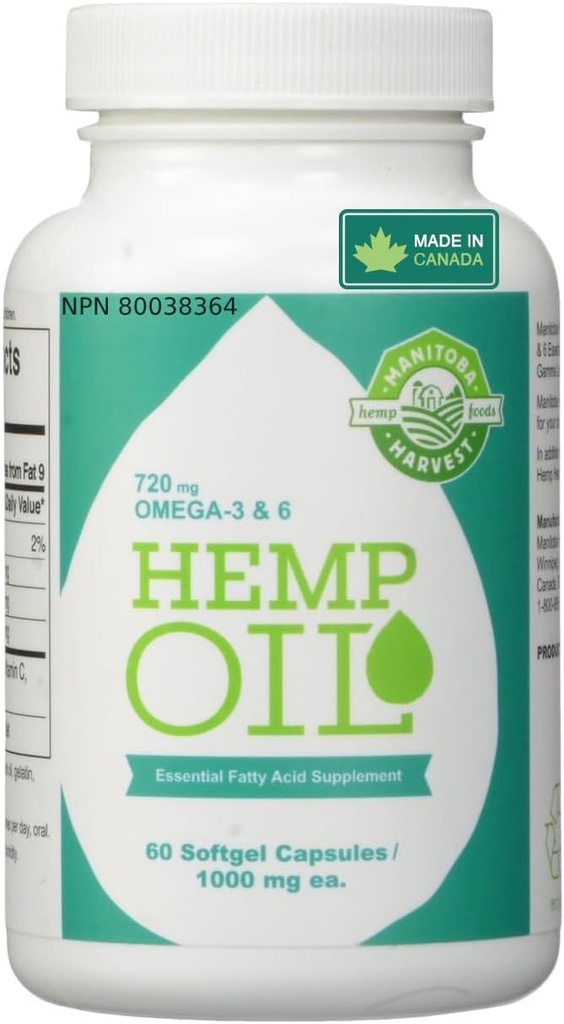 Manitoba Récolte Huile de chanvre Softgels, 2,475mg d'Omégas à base de plantes 3,6 et 9 par portion, y compris GLA, Huile de poisson Alternative, 60ct (paquet de 12)