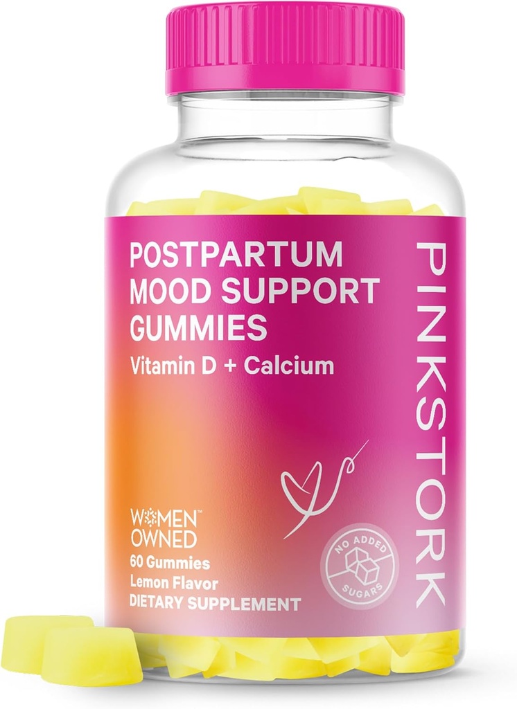 Pink Stork Postpartum Mood Support Vitamin D Gummies - Natural Hormone Balance for Women with Postnatal Vitamin D3 and Calcium - Postpartum Essentials for Breastfeeding - 60 Lemon Drop Gummies