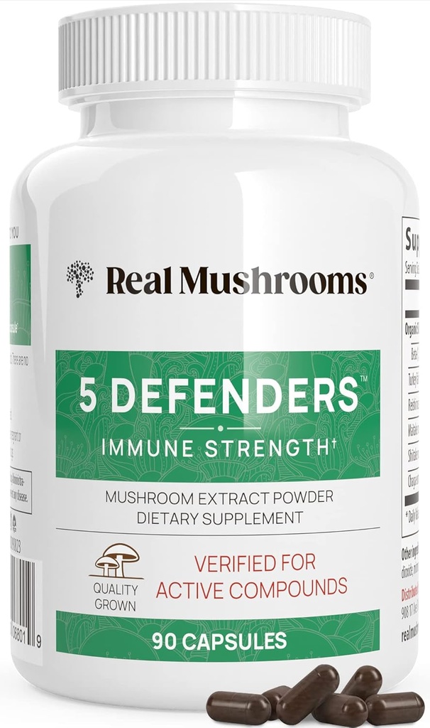 Real Mushrooms 5 Defenders - Complexe de champignons adaptogènes avec Chaga, Reishi, Turquie Tail, Maitake & Shiitake pour le bien-être - Mushroom Beta Glucan Capsules - 90 Compte
