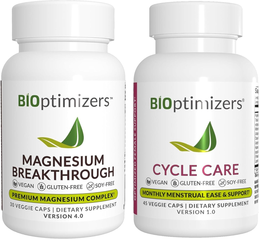 BiOptimizers Magnesium Breakthrough 4.0, (30 Capsules) & Cycle Care, (45 Capsules) - Natural Sleep, Brain, and Menstrual Relief Support Supplement Bundle