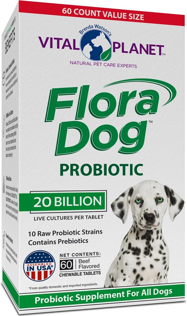Vital Planet - Flora Dog Probiotic Chewables Comprimés Supplément avec 20 Millions Cultures et 10 Strains, Immune de puissance élevée et Probiotiques de soutien digestif pour chiens, 60 comprimés à mâcher au boeuf