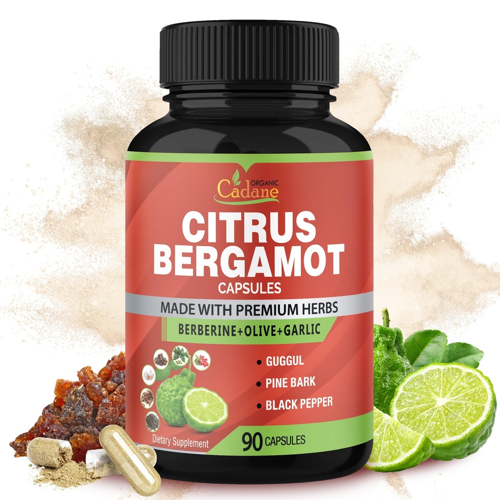 Capsules d'extrait de supplément de Bergamote de Cadane, 90 capsules, 3 mois d'approvisionnement et de berbère, olive, guggul, ail, écorce de pin, poivre noir