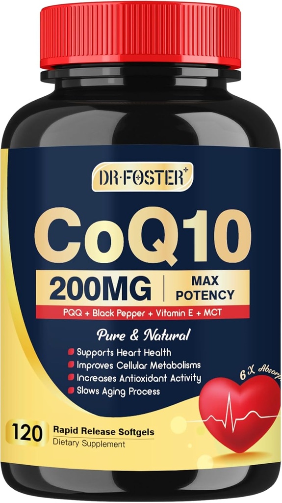 DRFOSTER Coq10 200mg, Coenzyme Q10 pour la production d'antioxydants et d'énergie, 6X Absorption supérieure Cq10 avec vitamine E et PQQ et extrait de poivre noir, Co q 10 Supplément 120 portions