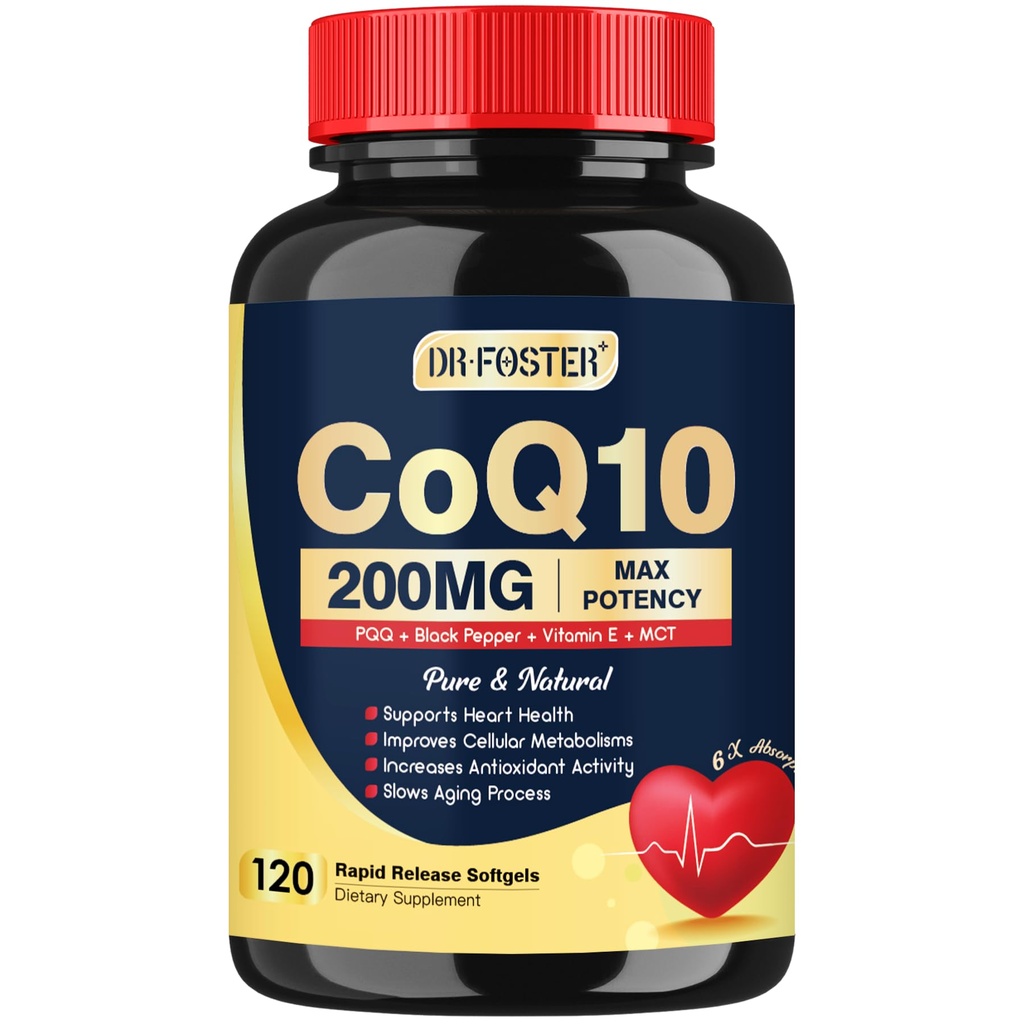 DRFOSTER Coq10 200mg, Coenzyme Q10 pour la production d'antioxydants et d'énergie, 6X Absorption supérieure Cq10 avec vitamine E et PQQ et extrait de poivre noir, Co q 10 Supplément 120 portions