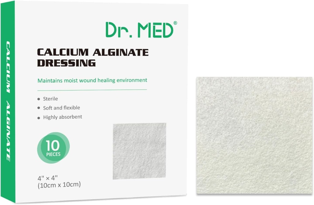 Dr. Med Calcium Alginate Wound Dressing 4"x4", 10 Pack Individuel Haute Absorption Dressing Gauze, Non-Stick Pads, Soft et Confortable Patch for Wound Care, guérison plus rapide