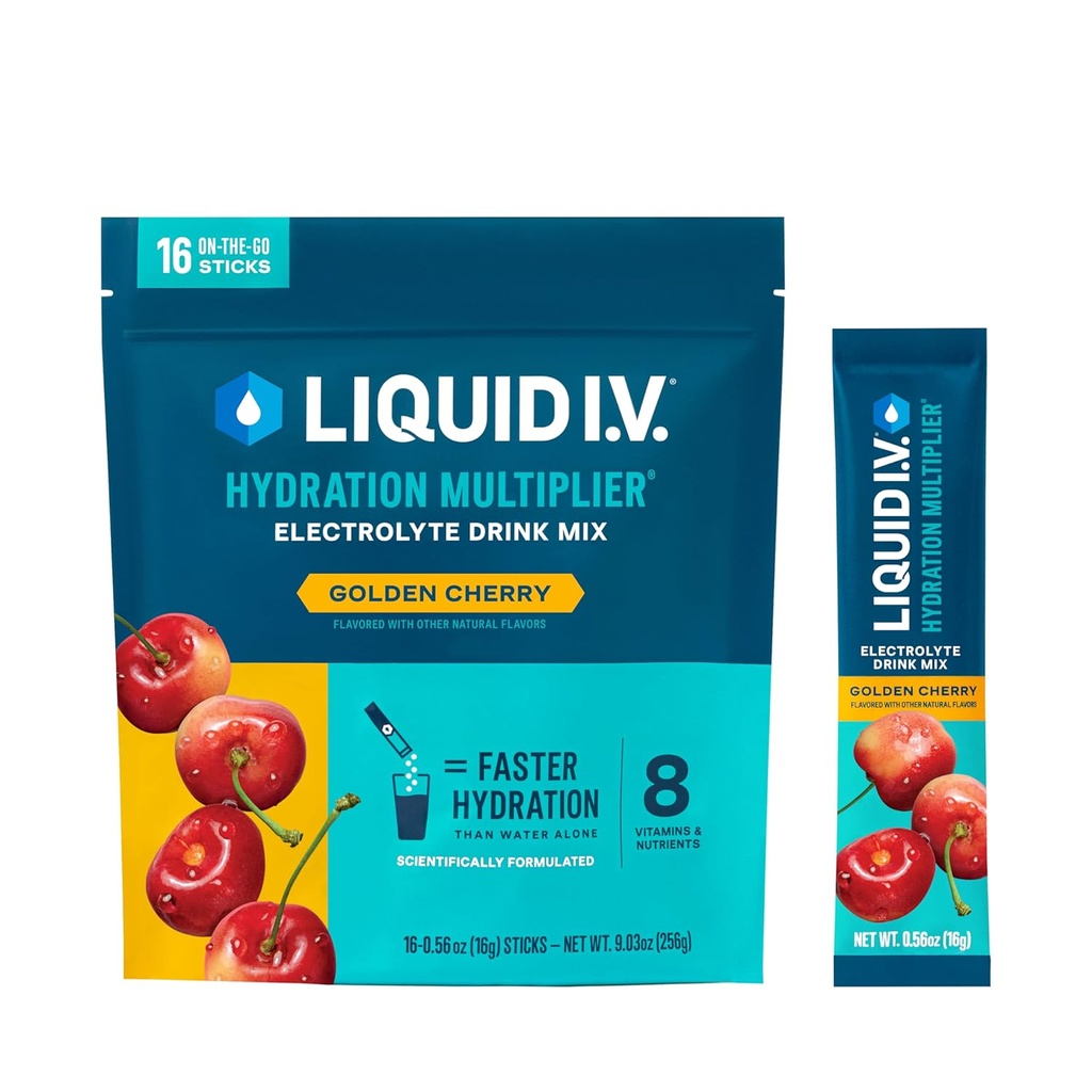 Liquid I.V.® Hydration Multiplier® - Golden Cherry - Hydration Powder Packets | Electrolyte Powder Drink Mix | Convenient Single-Serving Sticks | Non-GMO | 16 Servings (Pack of 12)