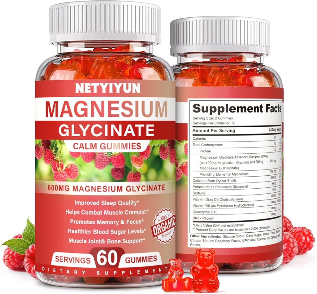 Magnésium Glycinate Gommies 600mg, Supplément de magnésium à haute absorption pour adultes,Comprend 200mg Magnésium L-Thréonate, Soutien Magnésium Qualité du sommeil, Relaxation, Stress Relief Pack de 1