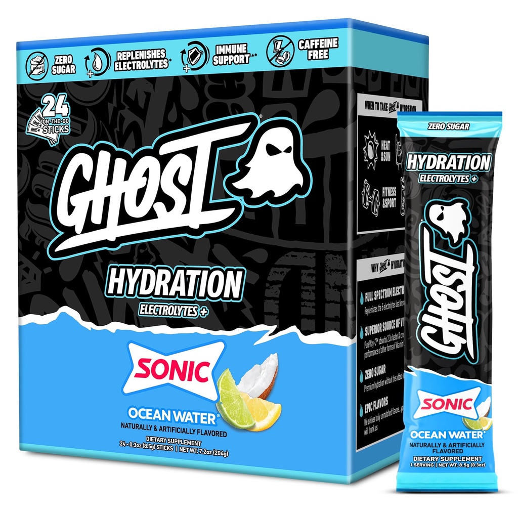 GHOST Packets d'hydratation, Eau de l'océan sonique, 24 bâtons, Poudre d'électrolyte - Supplément de boisson avec Magnésium, Potassium, Calcium, Vitamine C - Vegan, Sans soja, Sucre et Gluten