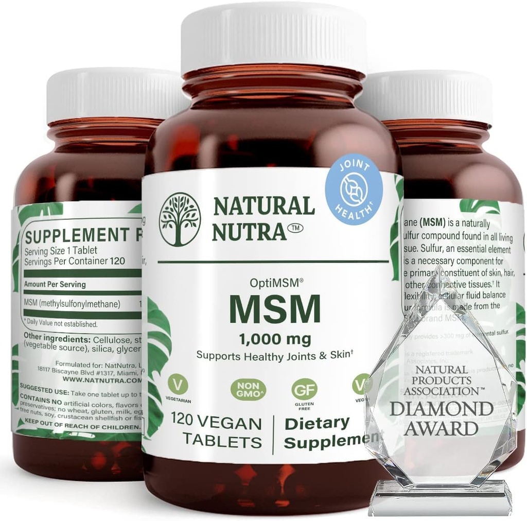 Natural Nutra OptiMSM, MSM Supplement with Sulfur, Prevent Thinning Hair, Increase Joint Flexibility and Bone Health, Cartilage Health, Helps Supports Fluid Balance, 1000 mg, (120) Vegan Tablets