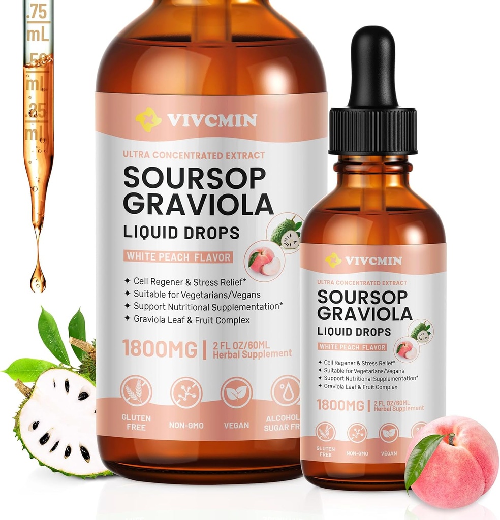 Graviola Soursop Extract Liquid - Soursop Bitters Liquid, support immune, relax, foie et sommeil, sans sucre et sans alcool, formule hautement absorbante, parfum de pêche blanche, 2 Fl Oz