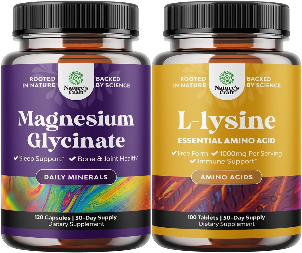 Ensemble de capsules de glycinate de magnésium pour les femmes et les hommes pour l'humeur et la relaxation et les acides aminés essentiels L-lysine pour la santé des yeux soins des lèvres os soutenir le système immunitaire soutenir la croissance musculaire