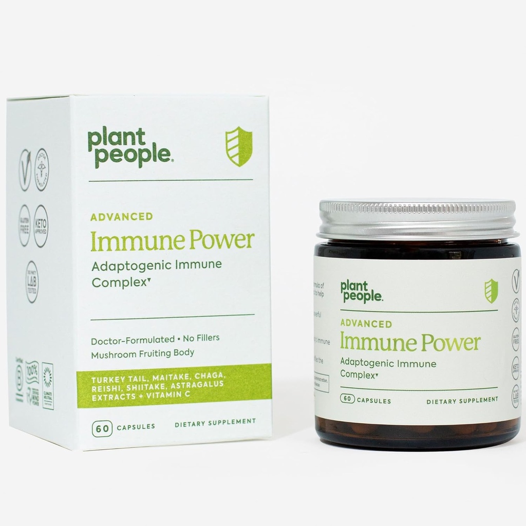 Plant People - Immune Power=Support immunitaire avancé avec champignons, astragalus, herbes et vitamine C=Natural, USDA Organique, végétalien, non-OGM, sans gluten, vitamines et suppléments=60 capsules