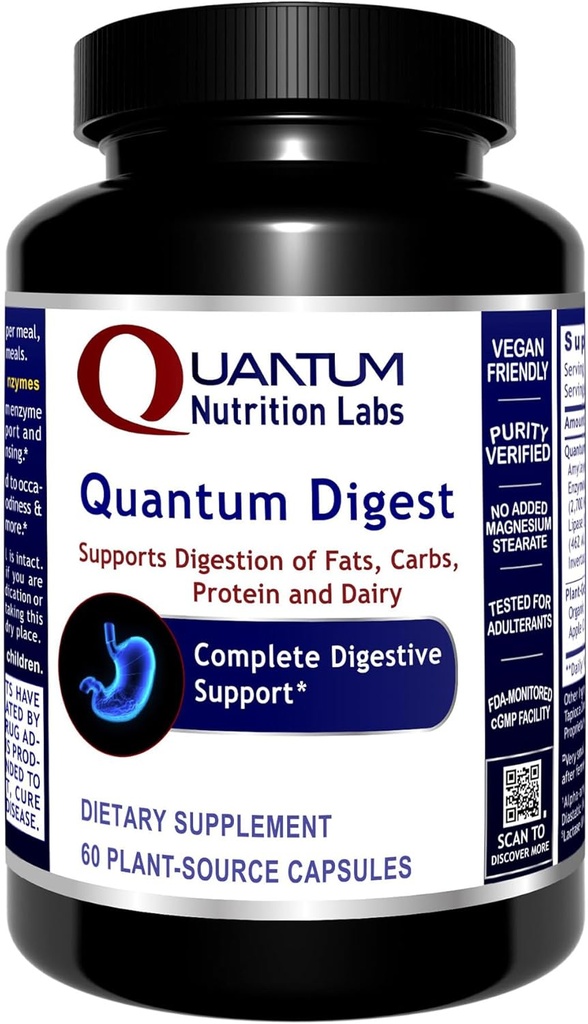 Quantum Nutrition Labs Quantum Digest - Enzymes de la santé digestive pour les femmes et les hommes, Soutien de la digestion pour la santé de Gut, pilules enzymatiques Vegan entièrement actives - 60 capsules végétariennes