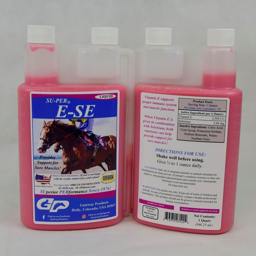SUPER E-Se Chevaux Supplément antioxydant - Vitamine E & Sélénium pour le soutien des muscles douloureux - 1 Quart, 1 mois d'approvisionnement (30 jours)