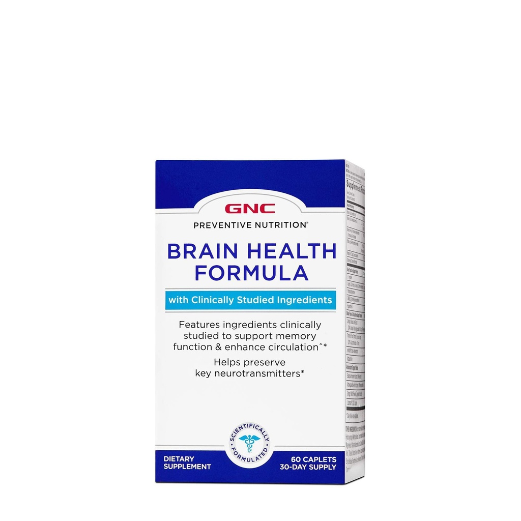 GNC Nutrition préventive Formule de santé cérébrale, 60 Caplets, soutient la fonction mémoire et améliore la circulation