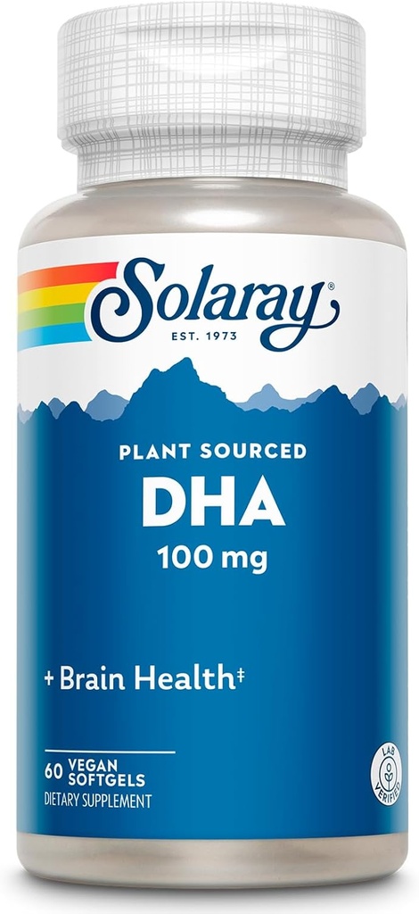 SOLARAY DHA Suppléments 100 mg - D H A Oméga 3 Acides gras pour le bien-être, supplément Oméga 3 DHA prénatal - Plante provenant de l'huile d'algue - Garantie de 60 jours, 60 portions, 60 softgels végétaliens