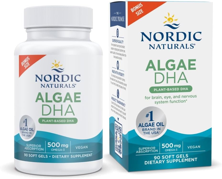Nordic Naturals Algae DHA - 90 Soft Gels - 500 mg Omega-3 DHA - Certified Vegan Algae Oil - Plant-Based DHA - Brain, Eye & Nervous System Support - Non-GMO - 45 Servings