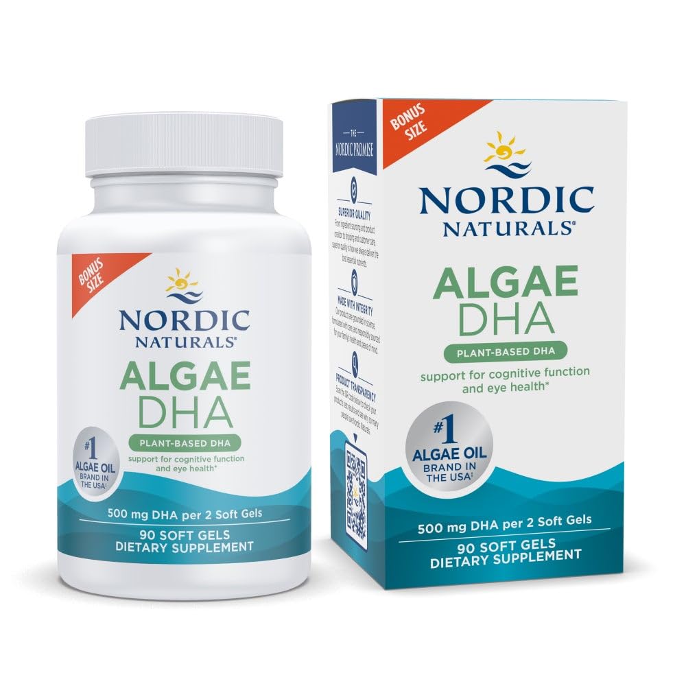 Nordic Naturals Algae DHA - 90 gels mous - 500 mg Omega-3 DHA - Huile d'algue végétale certifiée - DHA végétale - Soutien du cerveau, des yeux et du système nerveux - Non-OGM - 45 portions