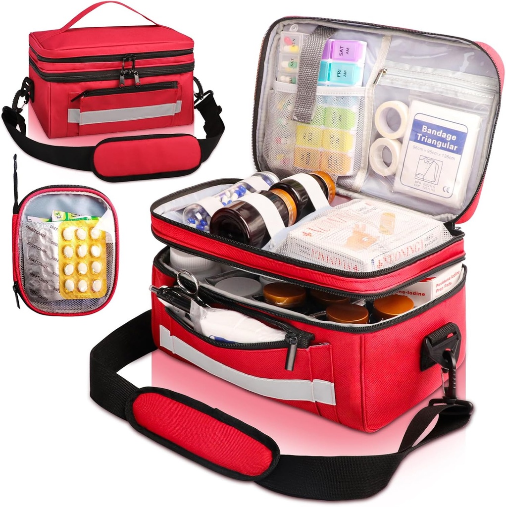 Sac de médecine pour voyager avec une petite poche portable, double couche d'organisateur de bouteille de pilules avec doublure d'isolation, cas de voyage de médicaments avec ceinture d'épaule rouge (Bag seulement)