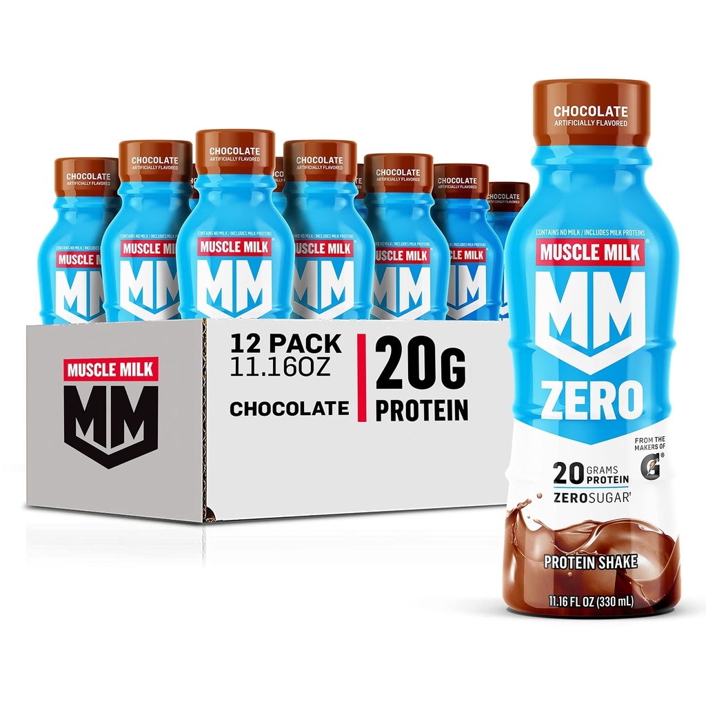 Lait musclé Zéro Protein Shake, Chocolat, 20g Protéines, Zéro Sucre, 100 Calories, Calcium, Vitamines A, C & D, Fibre de 4g, Snack énergétique, Récupération d'entraînement, Emballage Mai Vary, 11.16 Fl Oz (paquet de 12)