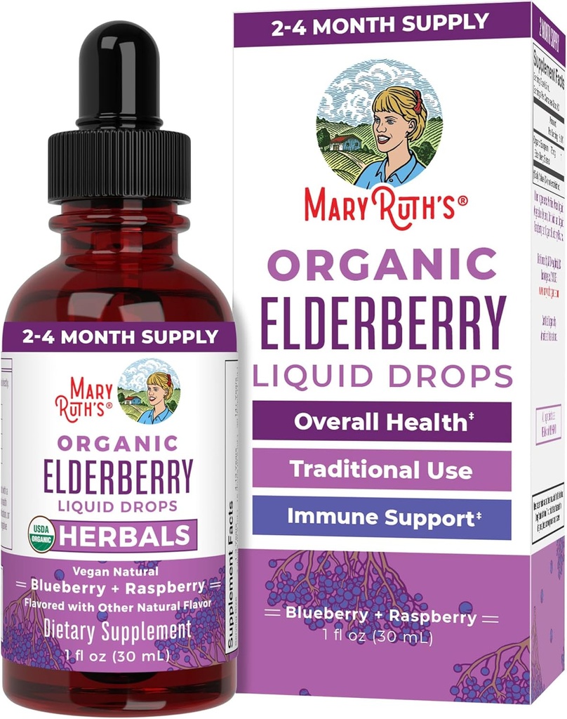 MaryRuth Organics Syrup de la mûre aînée USDA Organic amount Sugar Free Immune Support Supplément pour les adultes et les enfants, Âges 1