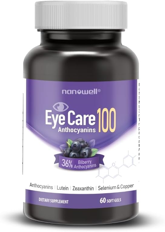 NANOWELL EyeCare Anthocyanines 100 - Supplément santé oculaire avec Bilberry, Zeaxanthin, Lutéine, Anthocyanines, Vitamine A, E, Sélénium et Cuivre - 60 Softgels, 60 jours d'approvisionnement