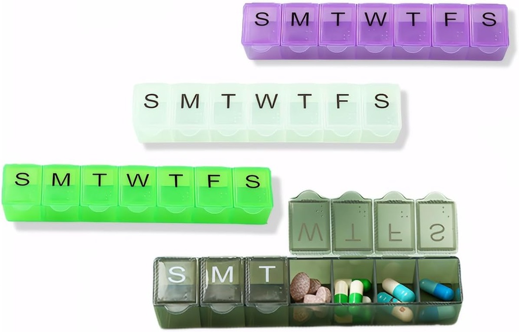4 Pack Hebdomadaire (7 jours) Organisateur de pilules, 7 jours Voyage de cas de pilule quotidien Pill Box Portable Medicine Organisateur et planificateur avec compartiment pour les vitamines, huile de poisson, suppléments et médicaments (4 couleurs)