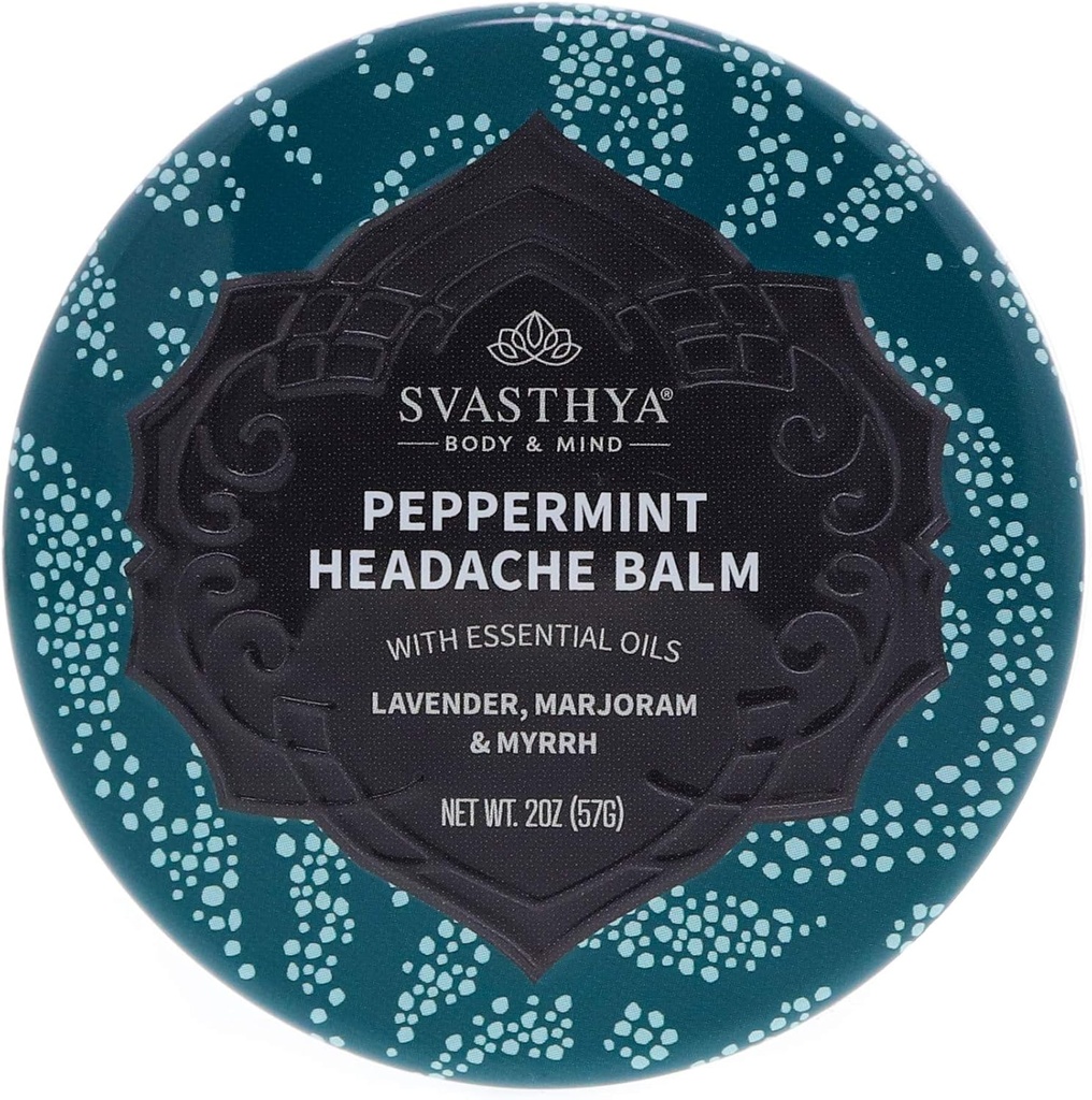 Svasthya Corps & Mind Peppermint Headache Baume par Svasthya - Instant & Lasting Sinus, Migraine & Stress Headache Relief, A Peppermint, Lavande, Marjoram, Myrrhe - 100% Naturel, Fabriqué aux États-Unis, 2 oz