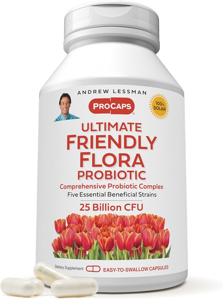 ANDREW LESSMAN Ultimate Friendly Flora Probiotic 240 Capsules - 25 Billion CFU, Comprehensive Blend of Five Probiotic Strains, Powerful Immune and Digestive Support. Probiotics for Women or Men