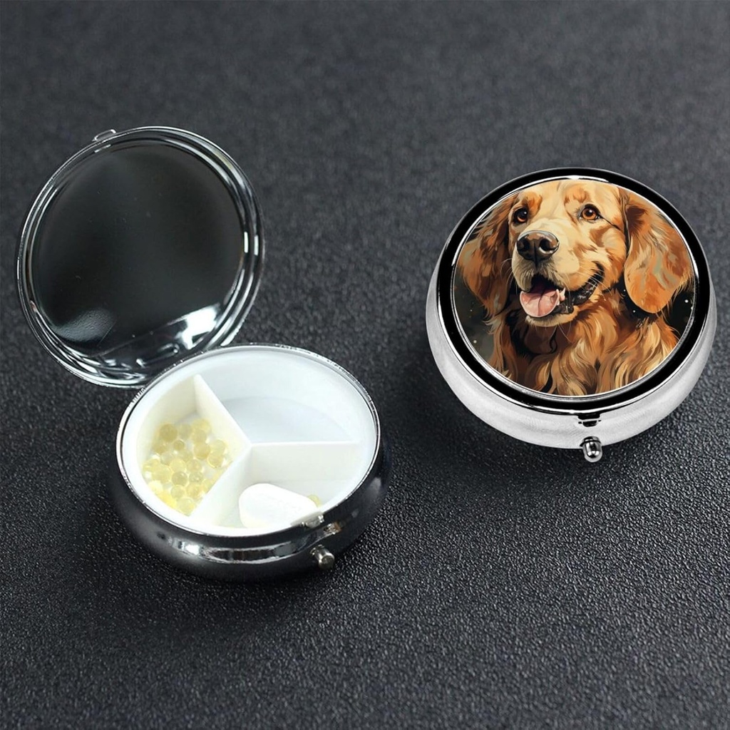 Rond Pill Box 3 Compartiment Pill Box Pill Containe Pillbox Case for Travel Small Pill Case Golden Retriever Pill Organizer for Vitamines Fish Oil Box Supplement Box