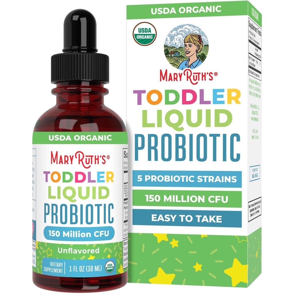 MaryRuth's Organic Toddler Probiotic Liquid Drops | Kids Probiotics for Ages 1-3 | 5 Probiotic Strains | 150 Million CFU Per Serving | USDA Organic | Sugar Free | Vegan | Gluten Free | 1 Fl O