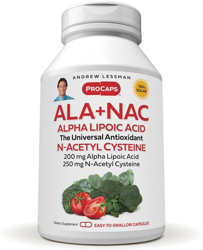 ANDREW LESSMAN ALA + NAC Alpha acide lipoïque avec N-acétyl-Cysteine 180 Capsules - Ultra-haute puissance, anti-oxydant support pour le système nerveux, coeur, cerveau, foie, reins, poumons, énergie. Aucun additif