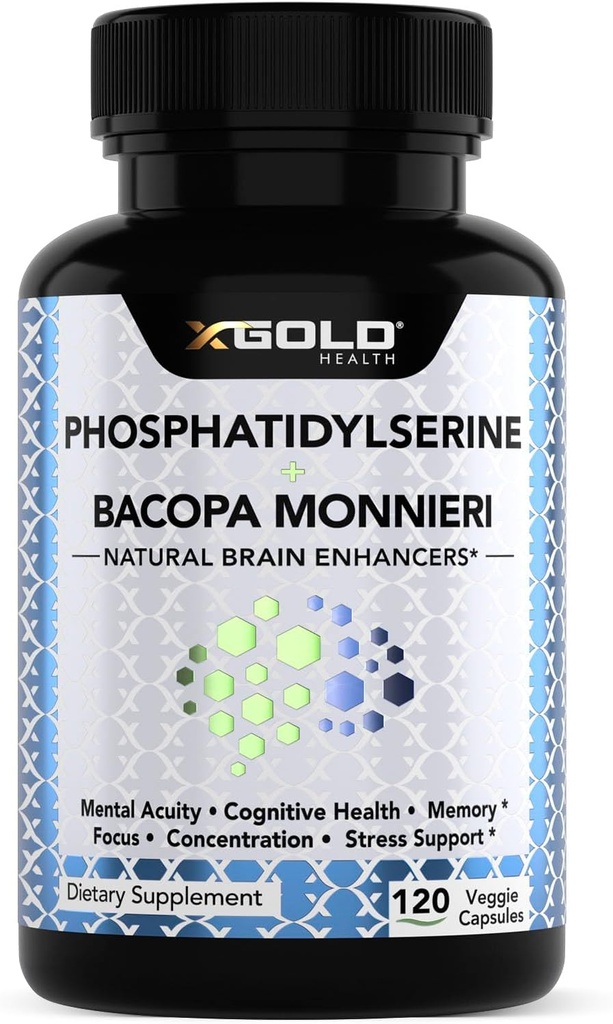 PhosphatidylSerine & Bacopa Monnieri 800 mg 2 en 1 Supplément - Enhancer naturel du cerveau/Nootrope pour une concentration accrue, un soutien mémoire et une fonction cognitive - 120 capsules végétariennes
